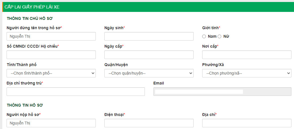 Điền thông tin và nộp hồ sơ **mất bằng lái xe máy** online