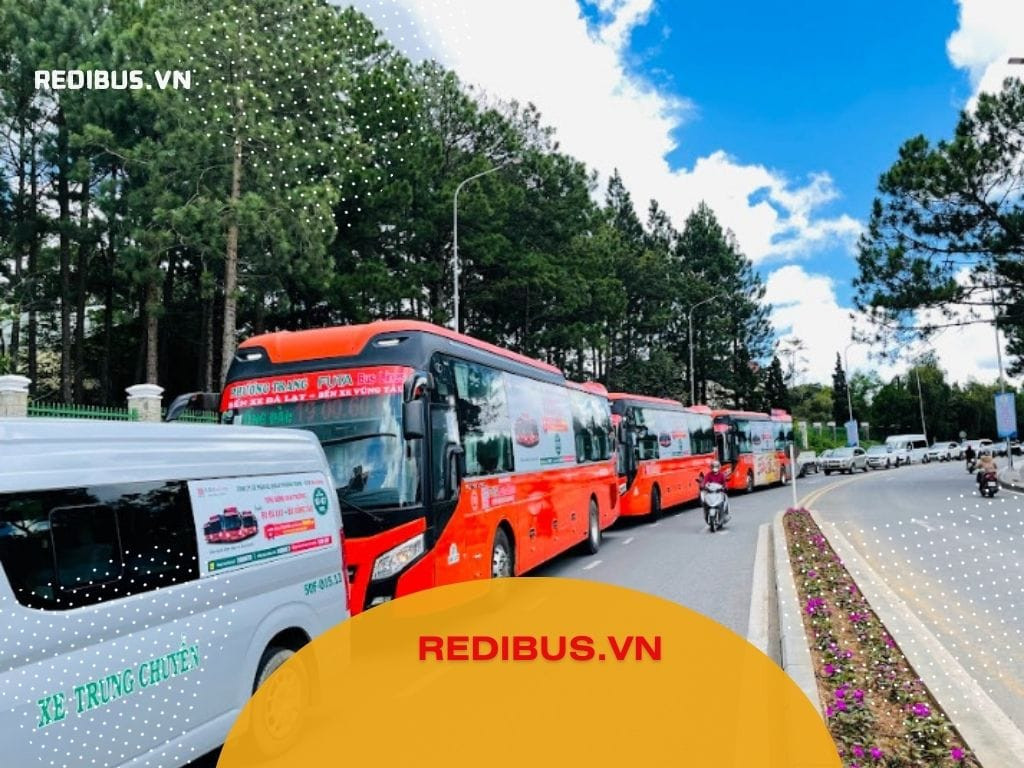 Dòng xe khách Phương Trang màu cam đặc trưng chuẩn bị khởi hành