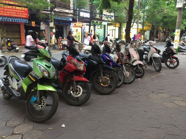 Dòng xe máy đa dạng về mẫu mã và màu sắc tại một cửa hàng cho thuê xe ở Hải Phòng