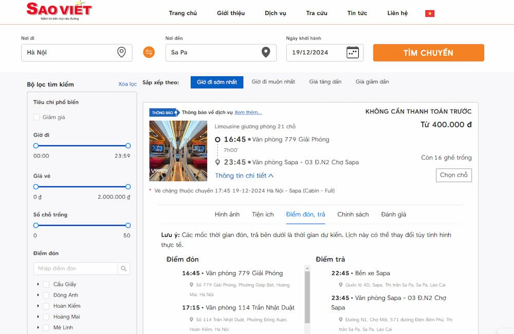 Giao diện website của Sao Việt hiển thị chi tiết các điểm trung chuyển cho hành khách tuyến Hà Nội Lào Cai