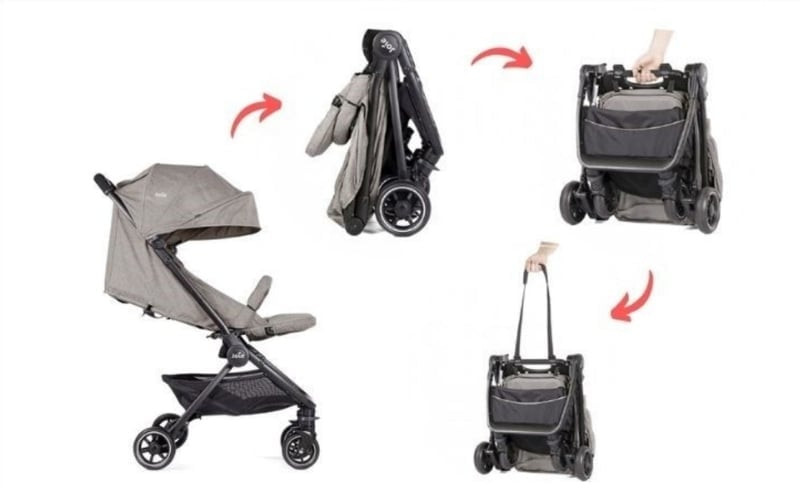 Hình ảnh xe đẩy trẻ em có mái che đã gập lại, thể hiện sự linh hoạt trong cách gấp xe đẩy trẻ em