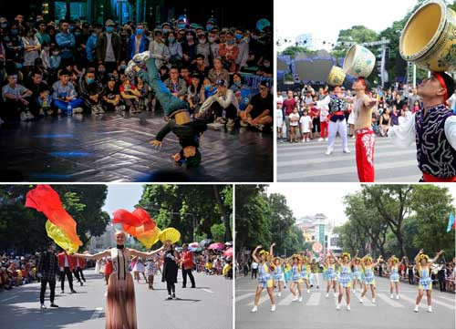 Hoạt động biểu diễn nghệ thuật đường phố cuốn hút tại phố đi bộ Hồ Gươm
