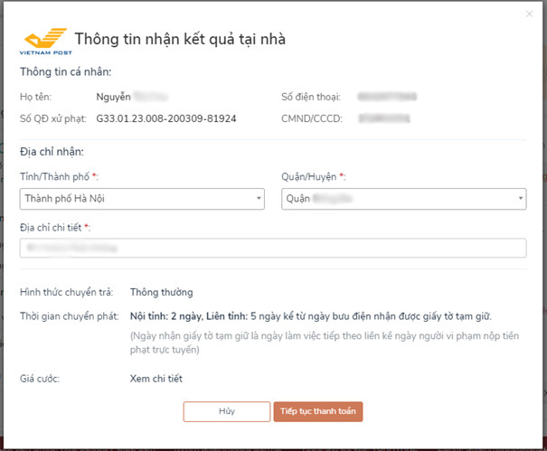 Xác nhận thông tin để nhận kết quả qua bưu điện