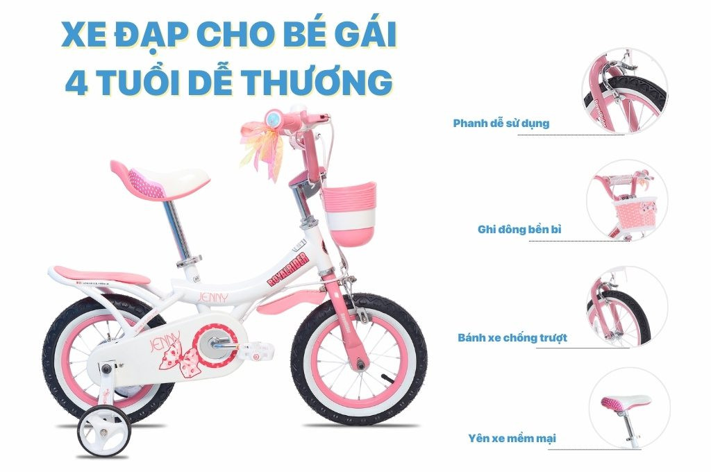 Xe đạp cho bé gái RoyalBaby Jenny 12RBG4 màu hồng dễ thương, thiết kế nữ tính
